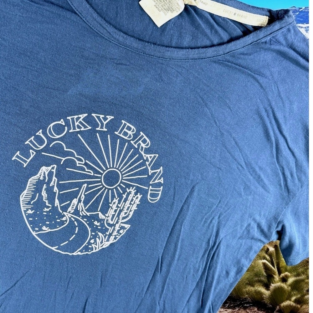 Lucky Brand Shirt Men M Blue Graphic Desert Scene Short Sleeve Casual Cowboy Tee